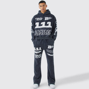 Conjunto de chándal con capucha lavado y estampado de abullonado cuadrado de gran tamaño con logotipo personalizado Pantalones de chándal Jogger Pantalones Cargo Ropa deportiva Chándal - Product Image 1