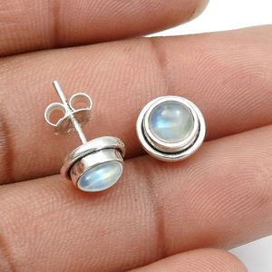 Solid 925 <b>Sterling</b> <b>Silver</b> Natural Rainbow Moonstone Round Shape Classic Boho <b>Stud</b> Earring Handmade Jewelry for Birthdays Parties - Product Image 2