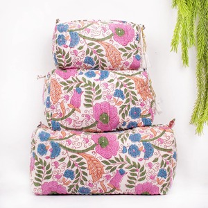 Block Printed Cotton Quilted Vintage Eco-Friendly Water Resistant <b>Large</b> Small <b>Zipper</b> for <b>Storage</b> Cases Makeup Case - Product Image 2