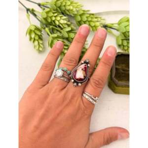 Johnny Dixon <b>Adjustable</b> <b>Ring</b> Rose Dahlia Sterling Silver Romantic Boho Style Featuring Natural Pear Oval Cut for Everyday Wear - Product Image 2