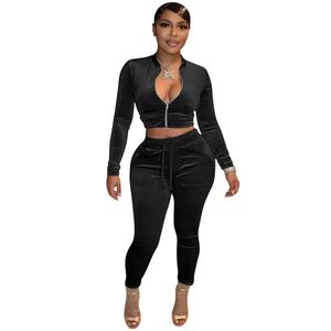 Ensemble deux pièces skinny assorti en velours pour femmes haut court à col zippé + pantalon à cordon de serrage survêtement fournisseur RTS en gros - Product Image 3