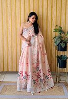 Sutra katun Linen lembut Saree cetak Digital untuk orang dewasa Batik Floral anyam seluruh tubuh dengan kaya perak batas palet etnis