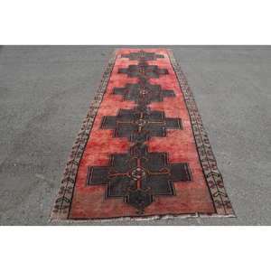 Alfombra de lana Vintage, diseño de retazos, rojo y negro, rectángulo grande, 4,5 pies x 12,3 pies, 10mm de espesor, respaldo de látex para sala de estar, cabecera - Product Image 1