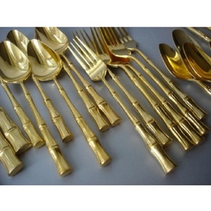 24 Pcs Laiton Métal Bambou Couverts Cuillère Fourchette Couteaux Vaisselle Finition Or Avec Plusieurs Tailles et Forme Design Ensembles de Couverts - Product Image 1