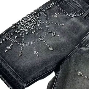 Custom Summer Fashion Breathable Quick Dry <b>Women</b> Acid Wash Rhinestone <b>Shorts</b> Solid Color <b>Knee</b>-<b>Length</b> Streetwear 100% Cotton - Product Image 6