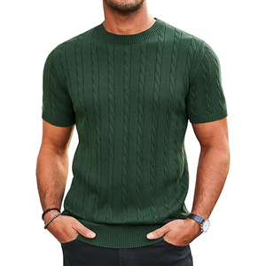 Runcati Hommes Tricot À Manches Courtes T-shirt Pour Hommes Casual Ras Du Cou Slim Fit Chemise Câble Tricoté Stretch Pull T-shirts - Product Image 3