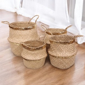 Collapsible laundry <b>basket</b> seagrass storage <b>basket</b> foldable handmade <b>bathroom</b> bedroom decor - Product Image 6