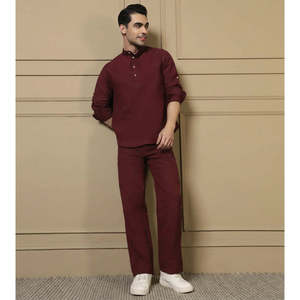 Amanush <b>Men's</b> Maroon Cotton Solid Co-ord Set Full Sleeve Mandarin Collar Kurta With Pants Casual Summer Daily Wear 2 Piece Set - Product Image 1