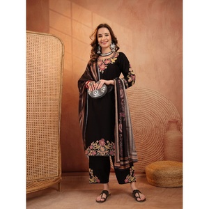 Ensemble Kurta, Palazzos et Dupatta en Coton Pur Brodé Floral pour Femme, Style Traditionnel Indien/Pakistanais, Séchage Rapide, Idéal Été - Product Image 1