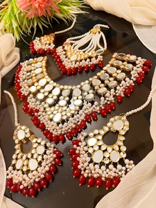 Ensemble de bijoux en acier inoxydable plaqué argent ethnique indien pakistanais classique élégant avec cristal traditionnel Kundan Meenakari - Product Image 2
