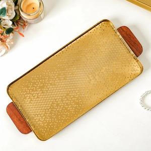 Elegant Gold Tray with Wooden Handles Stylish Decorative Design Perfect for Serving or <b>Organizing</b> Accessories - Product Image 3