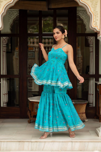 Conjunto Sharara de Algodón Azul Gulabi Galiyan con Dupatta de Georgette, Vestidos Casuales con Cintura Natural y Aberturas - Product Image 3