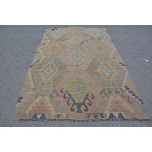 Tapis Kilim Turc Vintage 5.3 X 8.5ft Marron Vert Patchwork Design Laine avec Support en Latex Tissage Plat et Techniques Jacquard - Product Image 1