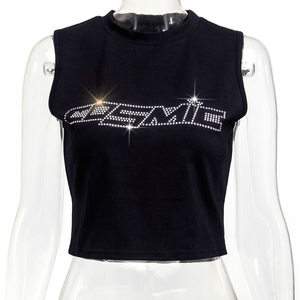OEM Low MOQ Custom Bling Brand Logo Sports Crop Vest Lady Streetwear Sleeveless <b>Rhinestones</b> Cropped Tank <b>Tops</b> - Product Image 5