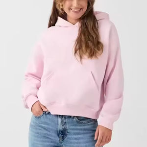 Sweat à capuche oversize avec poche kangourou sur le devant rose, épaules tombantes, uni, manches longues, en coton, pour femme - Product Image 1