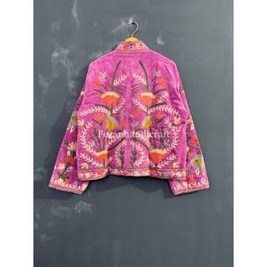 Chaqueta corta de fiesta hecha a mano para mujer abrigo en terciopelo melocotón Suzani bordado Floral hermosa tela de algodón para la temporada de otoño - Product Image 5