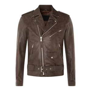 แจ็กเก็ตนักขี่จักรยานหนังสีฟ้าสำหรับผู้ชายดีไซน์โมโตะแบบมีเข็มขัดกระเป๋ามีซิปและปกคอปก OEM ทุกสี - Product Image 3