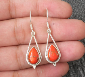 Wholesale <b>Orange</b> Copper Turquoise 925 Sterling Silver Teardrop Earrings for Women Handmade Pear Stone Earrings Jewelry - Product Image 1