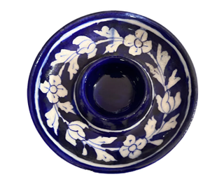 Portavelas de cerámica azul de 4 pulgadas hecho a mano, esmalte brillante, artesanía india con diseño floral blanco para Pascua, Día de San Valentín - Product Image 2