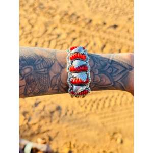 Navajo Handmade <b>Red</b> Coral & Sterling Silver Fashion Cuff <b>Bracelet</b> - Product Image 1