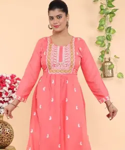 Premium Quality Designer Pink Color Rayon Foil Print With Embroidery Work Nayra Cut Kurti with Palazzo Set Causal Women's Wear