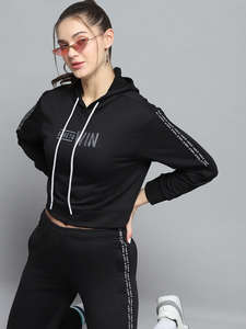 Top vente noir imprimé à capuche femmes 2 pièces ensemble de survêtement respirant à capuche et pantalons de survêtement pleine longueur ensemble de survêtement de gymnastique - Product Image 6