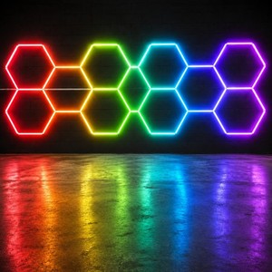 Lampe suspendue hexagonale personnalisable 110V RGB intelligente pour atelier de detailing automobile, <span class=keywords><strong>garage</strong></span>, avec livraison rapide et technologie sans ombre - Product Image 3