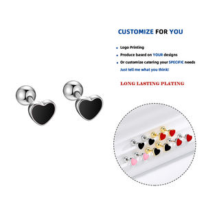 LE117 925纯银时尚简约黑色爱心心形珠子小耳钉女性青少年穿孔饰品 - Product Image 1