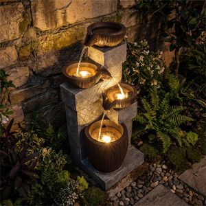 4-Tier Outdoor Resin Fiberglass Waterfall Fountain with LED Lights <b>Adjustable</b> Flow for Garden Patio Brand New - Product Image 4