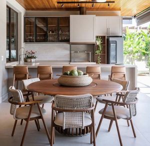 Luxury Teak Wood Round <b>Dining</b> <b>Table</b> Set with Rope Arm Chairs Modern Resort Villa Restaurant Furniture - Product Image 1