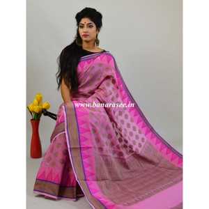 Banarasee Handloom Algodón Saree con Resham Work-Rosa - Product Image 4