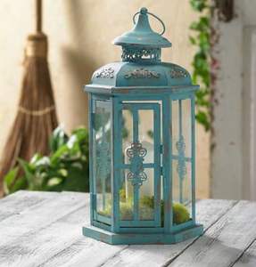 Meilleure qualité Mini lanterne suspendue motif métal coloré verre fer cadre jardin décor à la maison bleu bougie pot Ramadan décorations - Product Image 3