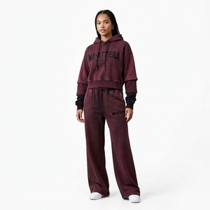 Custom <b>Women</b> Burgundy Acid Wash Cropped Hoodie Wide Leg <b>Jogger</b> Set Cotton Fleece Streetwear Tracksuit OEM - Product Image 1