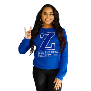 Big Z Zeta Chenille Sudadera Algodón Fleece Sorority Apparel Zeta Phi Beta Bordado Azul Pullover Cuello Redondo para Mujer - Product Image 1