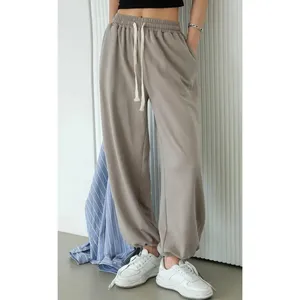 Celana panjang wanita, celana panjang Jogging longgar olahraga Streetwear kasual pinggang elastis Solid