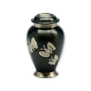 Dark Green <b>Memorial</b> Keepsake Urn with Silver Butterfly Accents and Classic <b>Vase</b> Shape For <b>Memorial</b> Ashes - Product Image 1