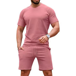 Conjunto de camiseta y pantalones cortos informales de algodón transpirable para hombre al por mayor, pantalones cortos de dos piezas, conjunto de chándal de manga corta para hombre - Product Image 3