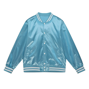 Chaqueta de bombardero de satén de seda con diseño personalizado abotonada para hombre, chaquetas con ribete de costilla de béisbol con cierre de botón a presión - Product Image 3