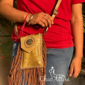Real Handmade Metallic Fur <b>Leather</b> Fringe Bag Women Stylish Cowhide Fur Mobile Phone <b>Pouch</b> <b>Belt</b> Sling Shoulder Bag - Product Image 1