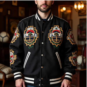 Écussons brodés en chenille vintage personnalisés, vestes universitaires pour hommes, streetwear, veste universitaire à col rond pour hommes - Product Image 3