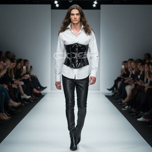 Corset sculptant la taille en vinyle PVC noir brillant, avec baleines en acier et fermeture frontale à agrafes - Product Image 1