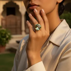 "Fine Gold-Plated 925 <b>Silver</b> <b>Emerald</b>-Cut Green Amethyst <b>Ring</b> for Women-Natural Stone" - Product Image 2