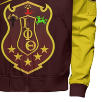 Blouson universitaire brodé Iota Phi Theta 1963 en satin grec premium, col montant, logo frontal, pour l'hiver
