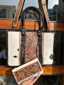 Nouveaux sacs fourre-tout en cuir de fourrure de vachette à imprimé floral usiné à la main véritable sac de soirée élégant occidental et embrayage outillé ensembles combinés uniques - Product Image 3