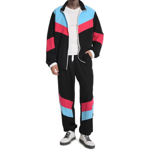 Ensemble streetwear 2 pièces à capuche, coupe-vent, design color block, prix abordable, fermeture éclair, pour homme - Product Image 1