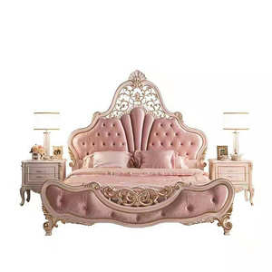 เตียงนอนคู่สไตล์ยุโรป ทำจากไม้เนื้อแข็ง สำหรับห้องนอนใหญ่ แต่งงานได้ แกะสลักลายทอง สีชมพูสไตล์เจ้าหญิง ตกแต่งทั้งหลัง แบบใหม่สั่งทำพิเศษ หรูหราเบาๆ - Product Image 1