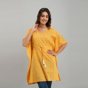 Yellow Bandhani Print Cotton Kaftan Dress Hand Drawn Pakistani Style Indian Salwar Kameez Stitched Clothing (SHKUP1231) - Product Image 2