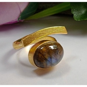<b>Adjustable</b> Brass <b>Ring</b> 18K Gold Plated Labradorite Gemstone Casual Style Bezel Setting Free <b>Size</b> Gift - Product Image 1