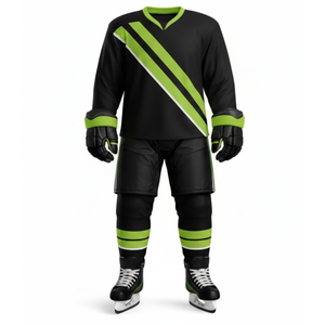 ชุดฮอกกี้น้ำแข็งแบบกำหนดเองสำหรับผู้ชาย สีดำ-เขียวมะนาว แบบซับลิเมชั่นเต็มตัว เสื้อทีม ด้านหน้า-ด้านหลัง ชุดกีฬา รับผลิตแบบ OEM - Product Image 1