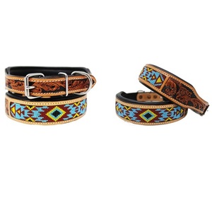 Saman exporte un collier de chien perlé en cuir de qualité supérieure sculpté à la main avec une décoration de rivet à motif solide disponible dans toutes les tailles - Product Image 2